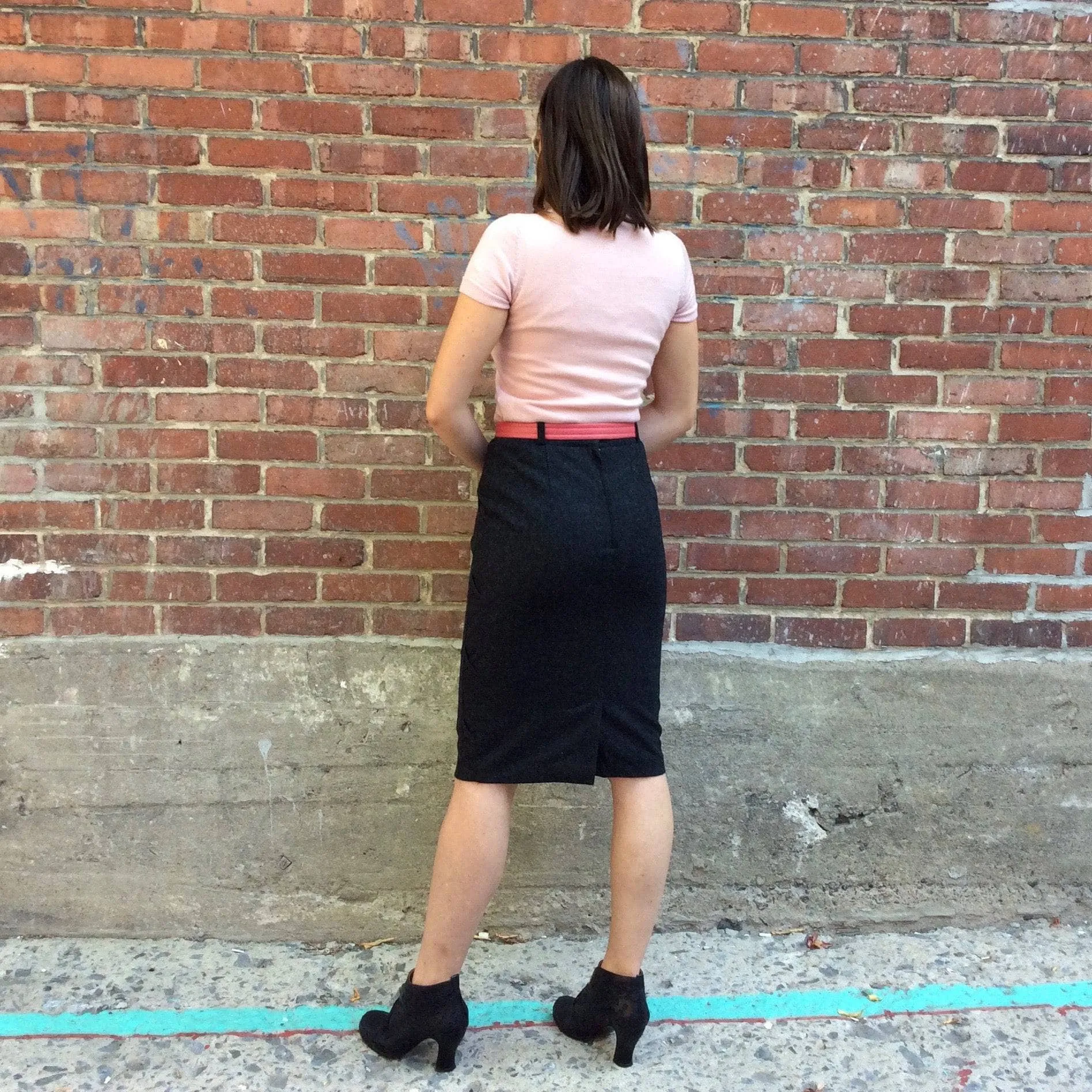 1980's Charcoal Grey Wool pencil skirt with side detailing