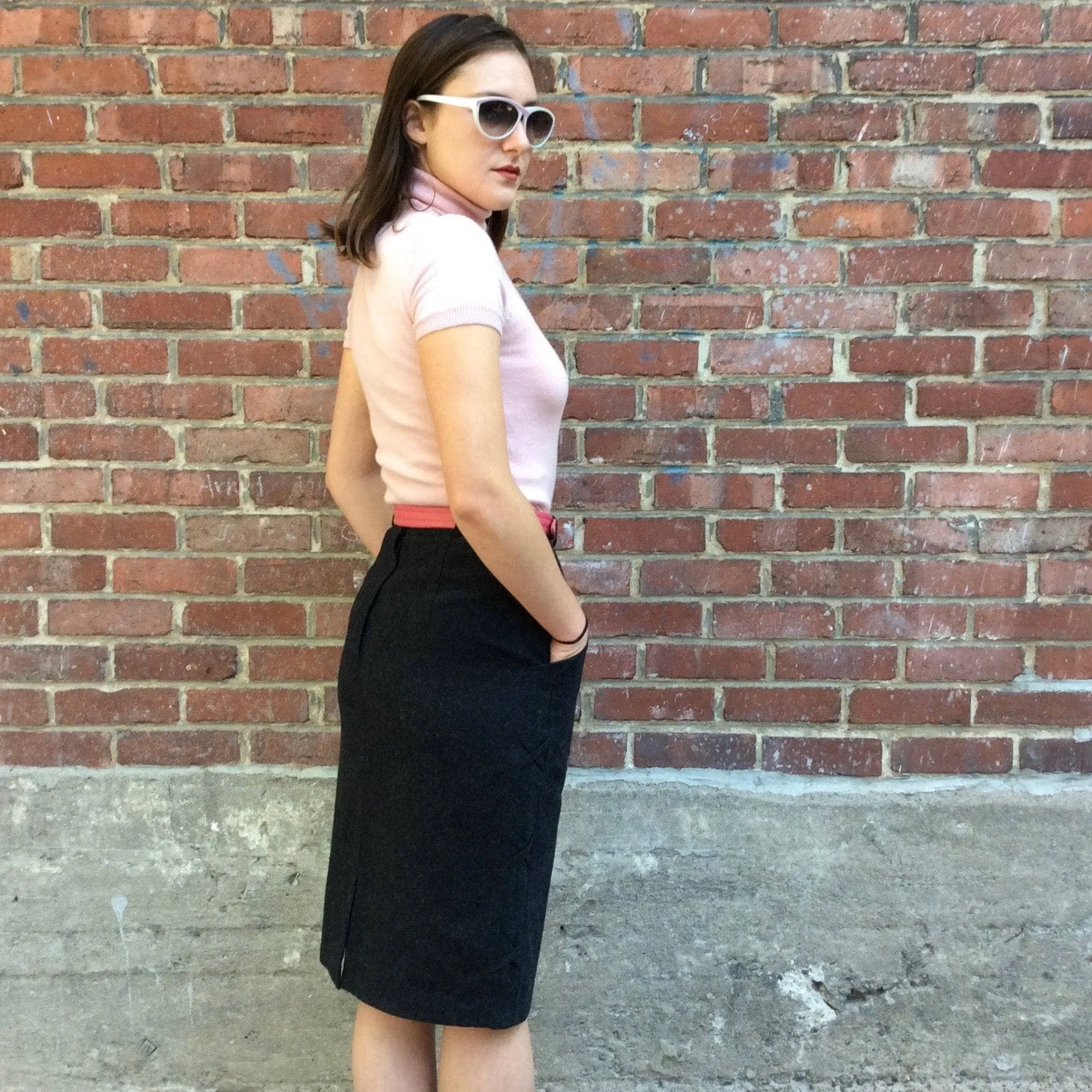 1980's Charcoal Grey Wool pencil skirt with side detailing