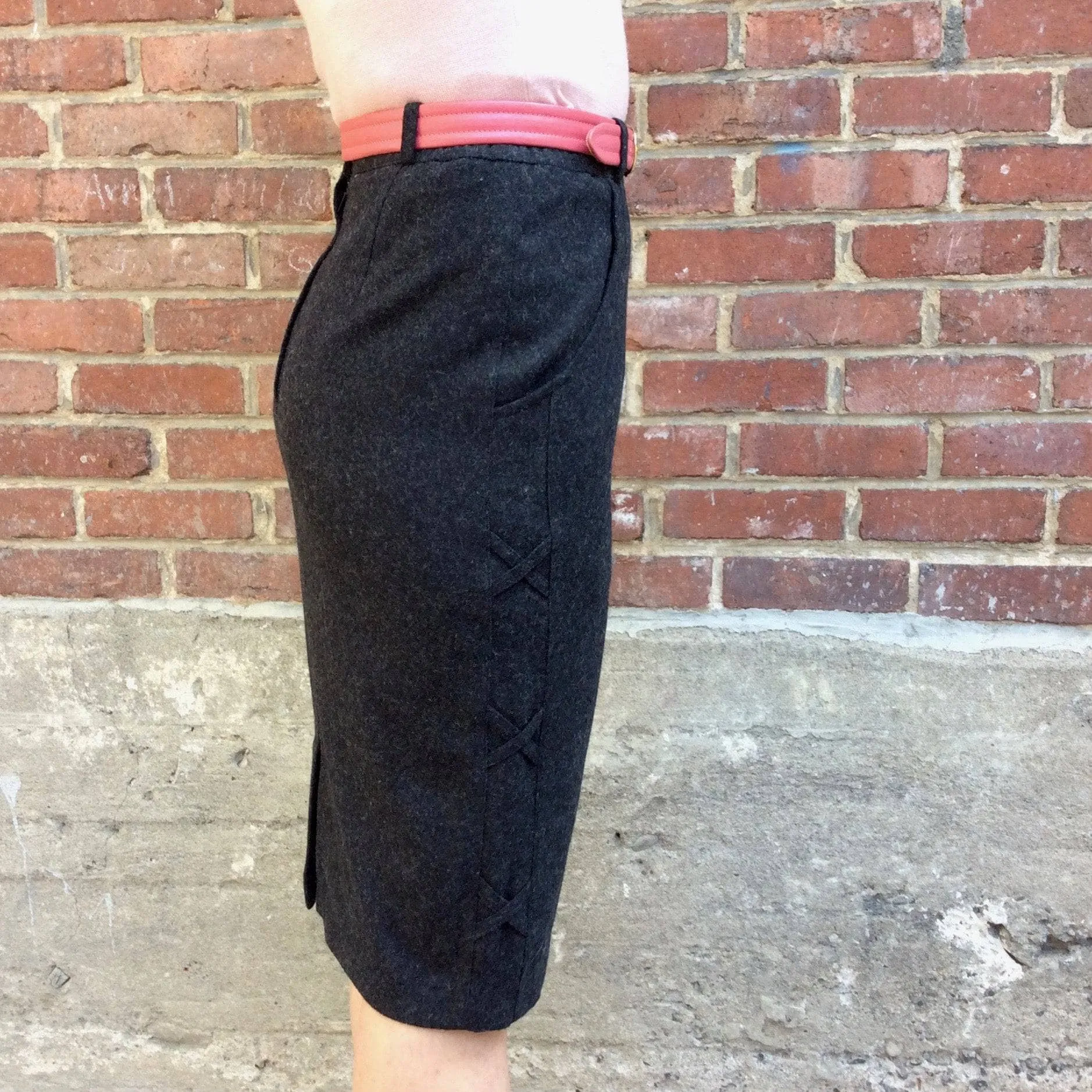 1980's Charcoal Grey Wool pencil skirt with side detailing