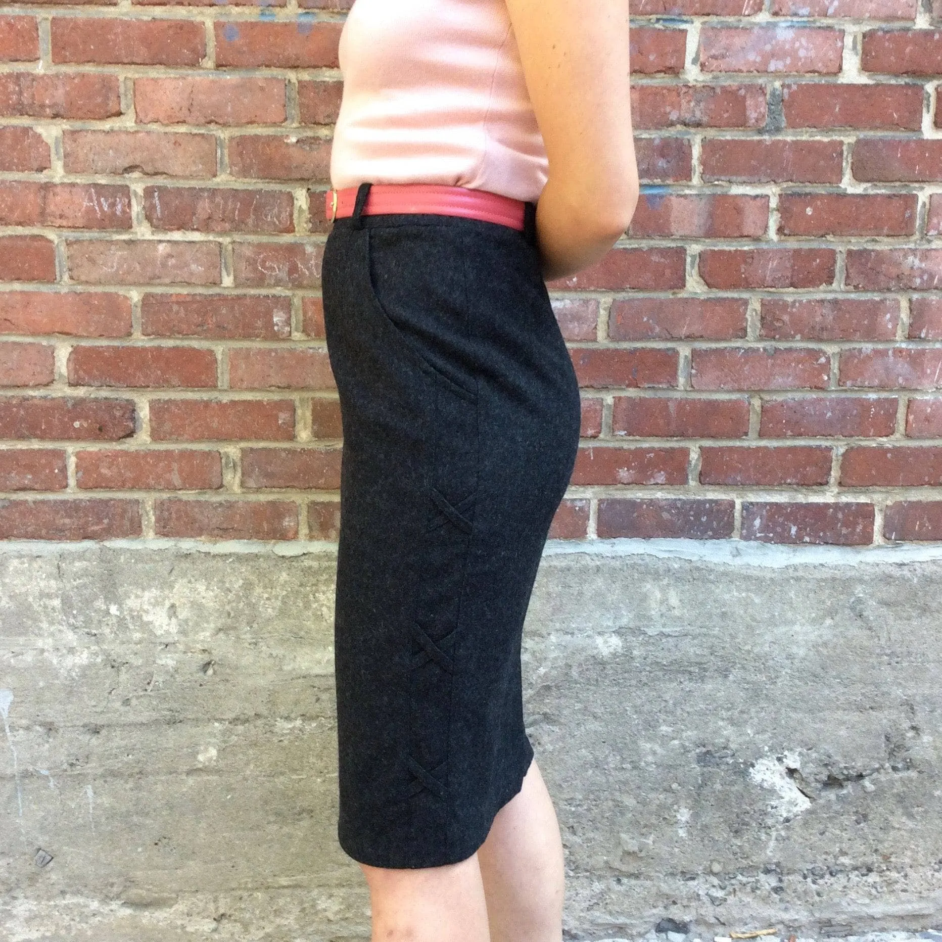 1980's Charcoal Grey Wool pencil skirt with side detailing