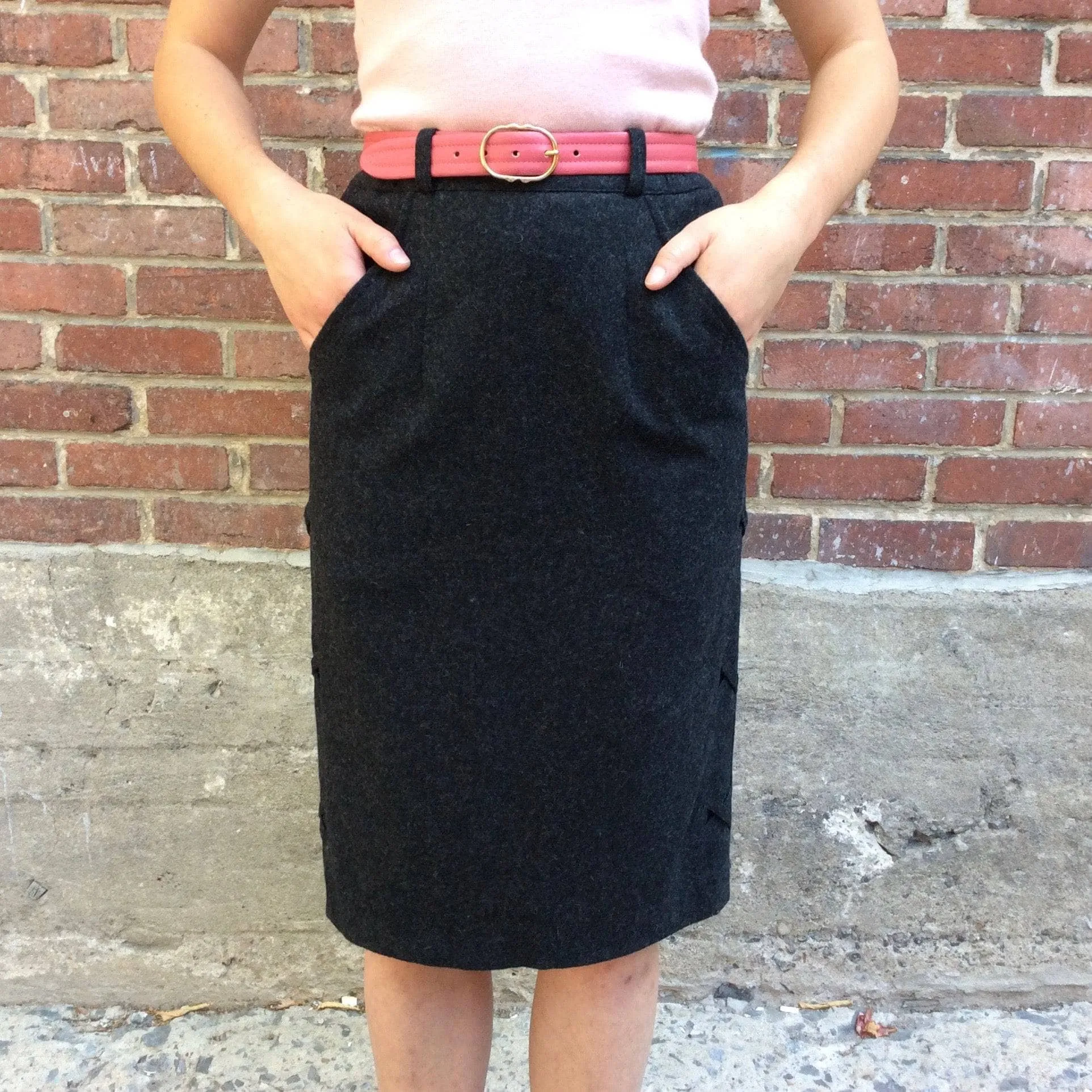 1980's Charcoal Grey Wool pencil skirt with side detailing