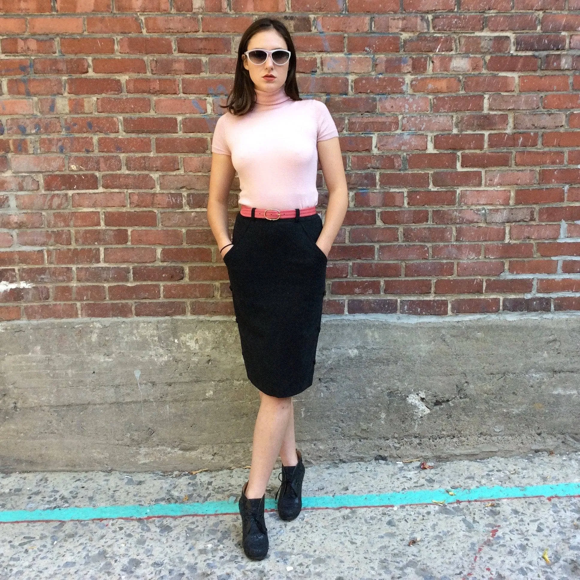 1980's Charcoal Grey Wool pencil skirt with side detailing