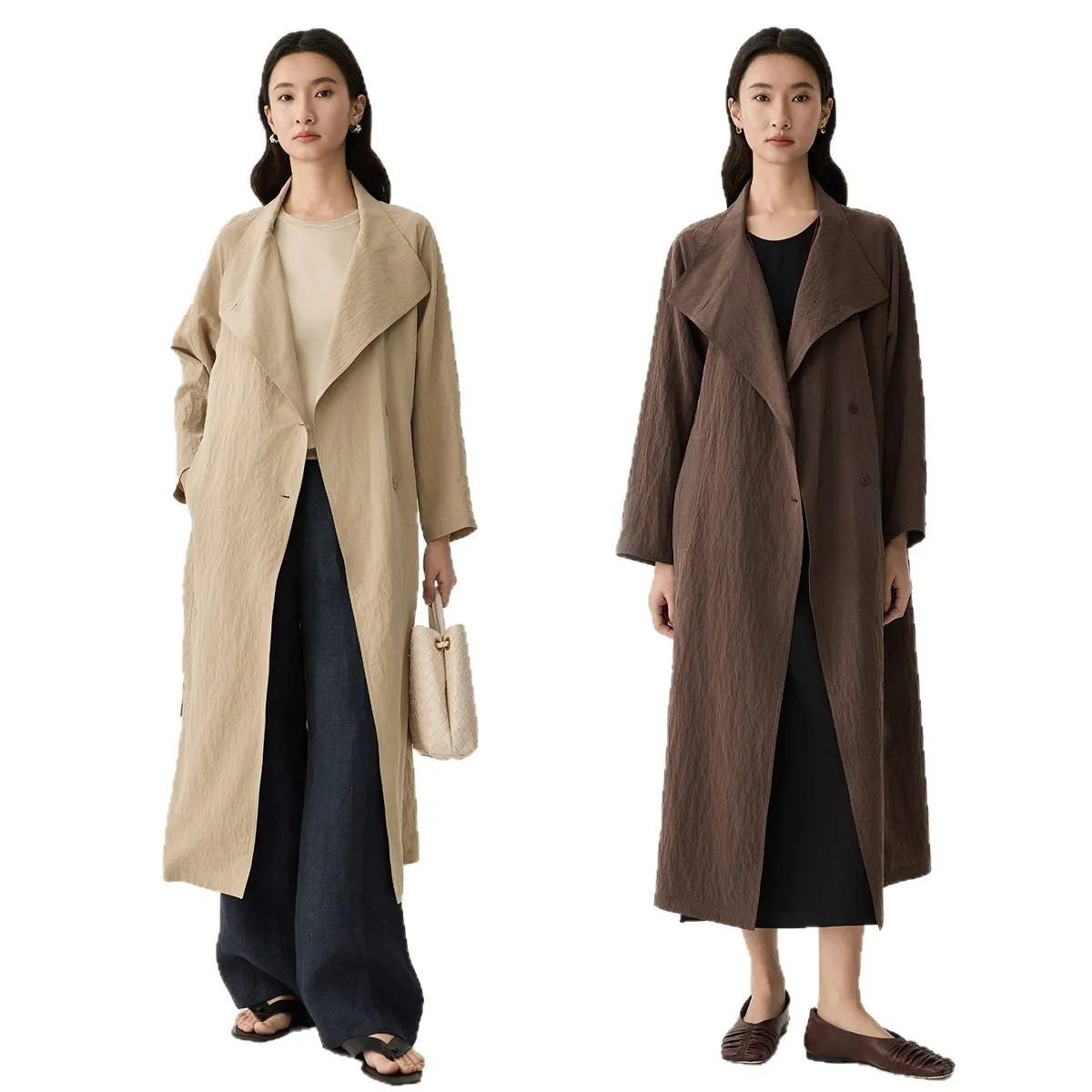 2025 Women's Mulberry Silk Windbreaker Coat - High-Quality Solid Color, Medium Length Temperament Jacket