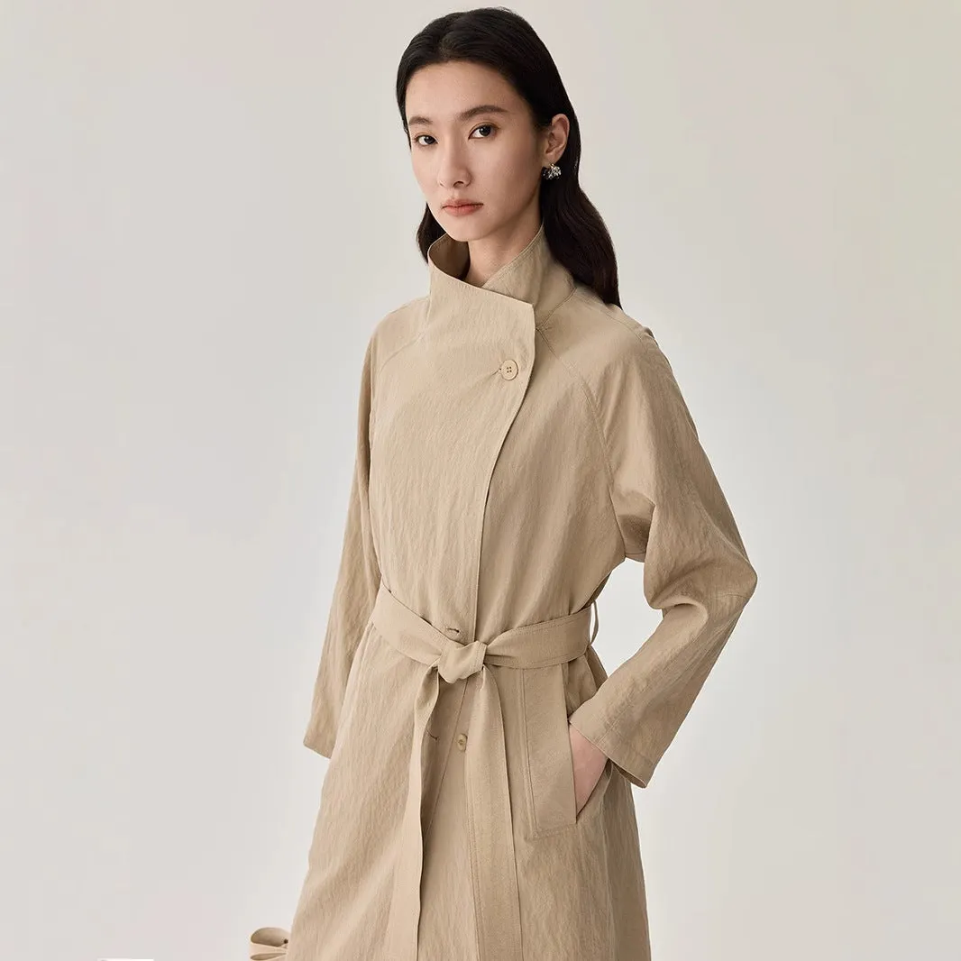 2025 Women's Mulberry Silk Windbreaker Coat - High-Quality Solid Color, Medium Length Temperament Jacket