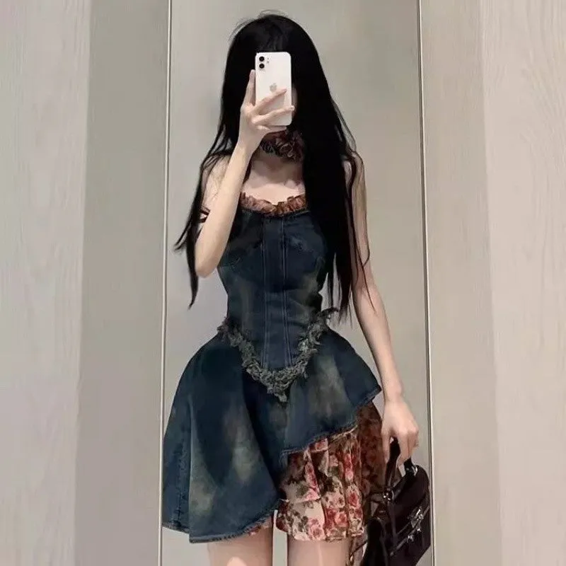 Amozae fall 2024 fashion trends 2024 Summer New Hot Girl Vintage Rose Floral Stitching Denim Dress Women's Frayed Waist Tube Top Skirt