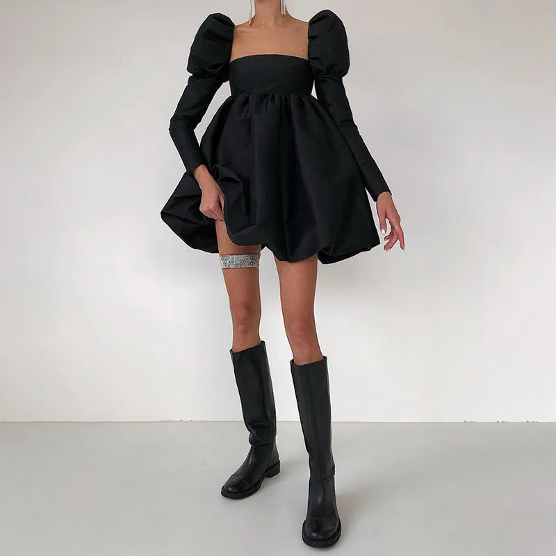 Amozae winter outfits men Spring Backless Lace-up Black Pettiskirt Women's Waist Slimming French Square Collar Puff Sleeve Dress Tide