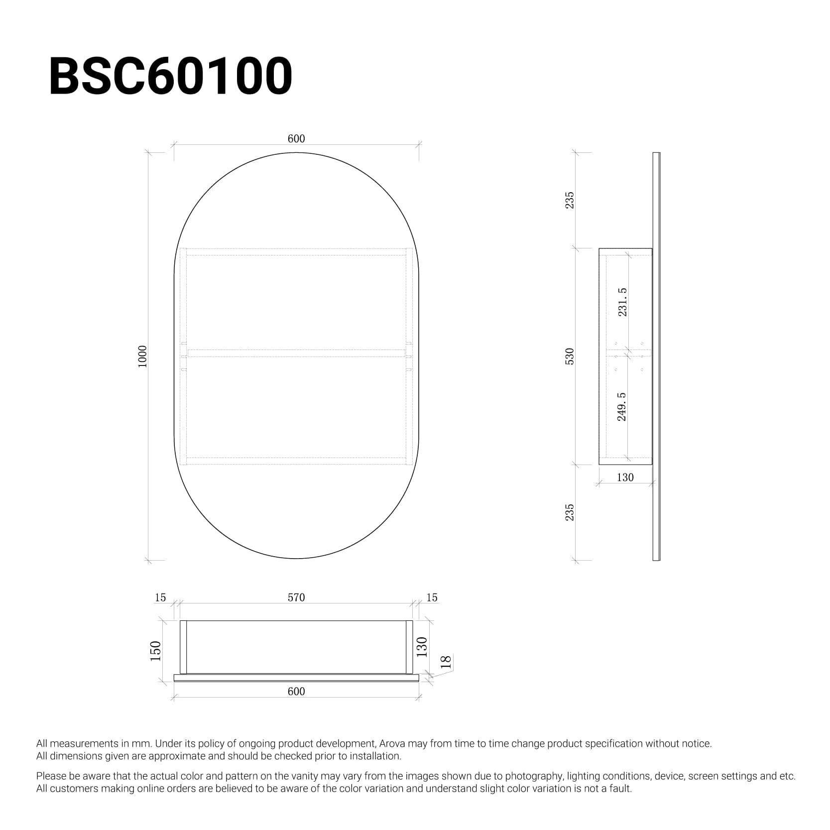 Ari 600mm Arch Shaving Cabinet