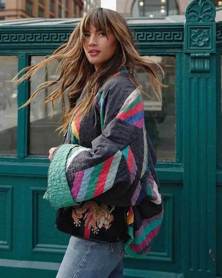 Aria Retro Revival Oversized Womens Coat with Colorful Patchwork Design