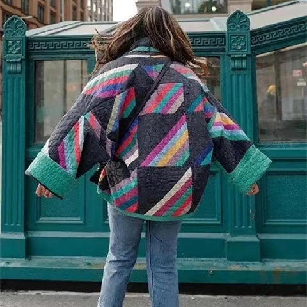 Aria Retro Revival Oversized Womens Coat with Colorful Patchwork Design