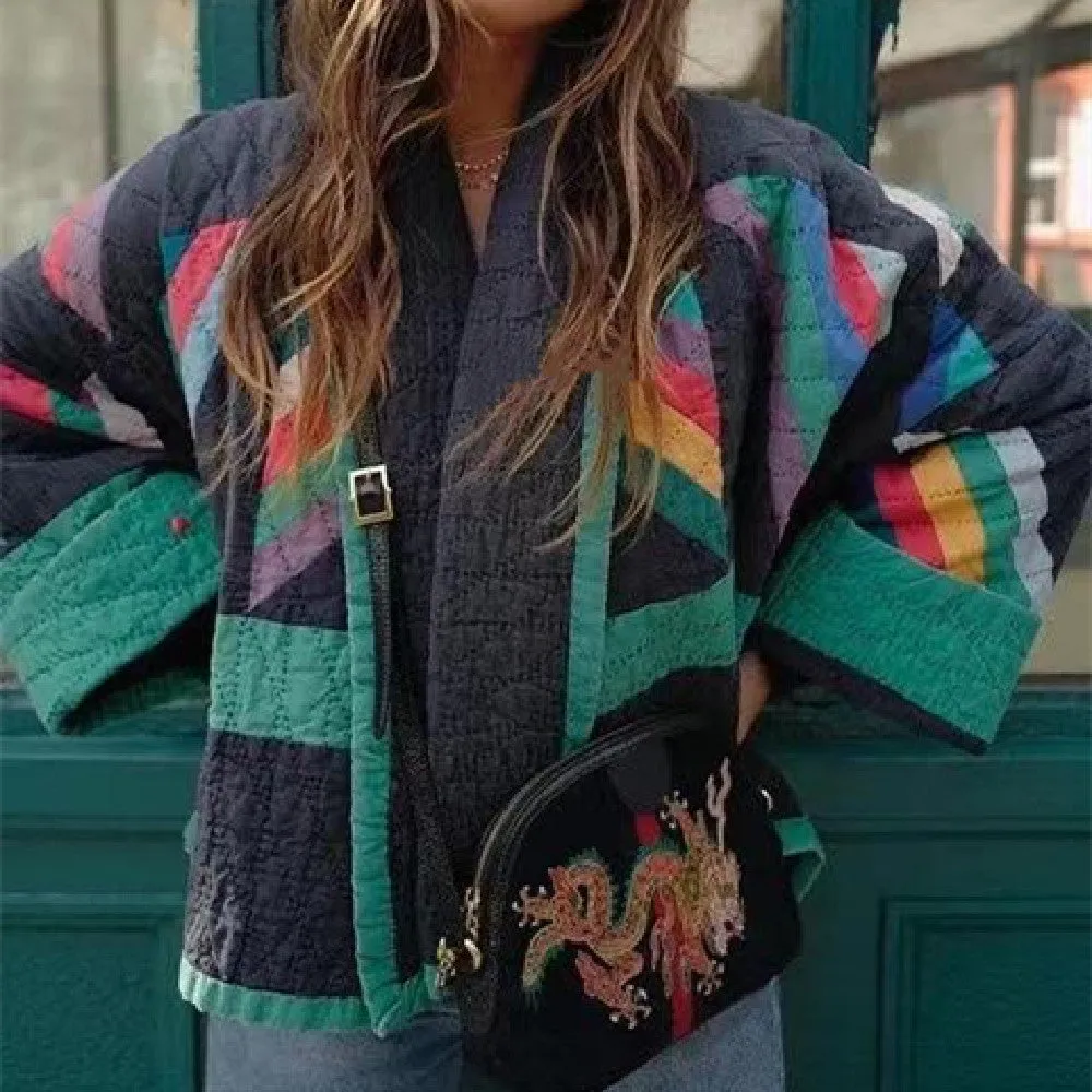 Aria Retro Revival Oversized Womens Coat with Colorful Patchwork Design