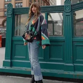 Aria Retro Revival Oversized Womens Coat with Colorful Patchwork Design