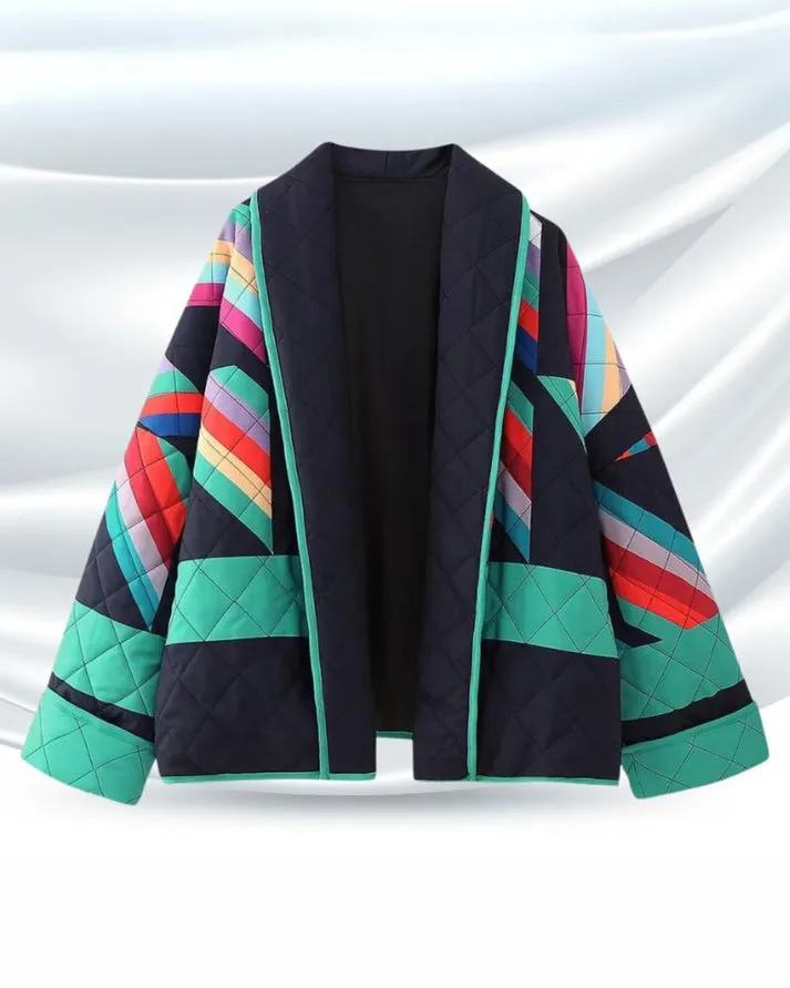 Aria Retro Revival Oversized Womens Coat with Colorful Patchwork Design