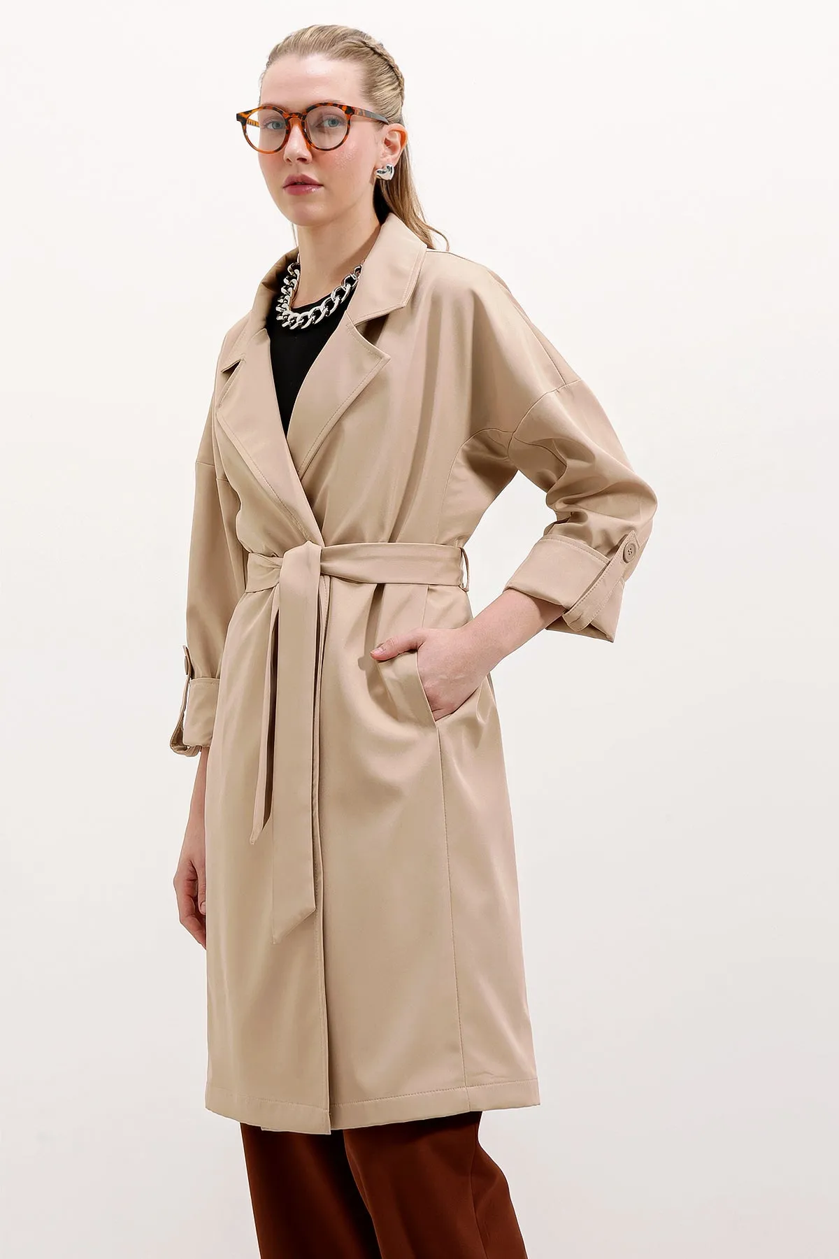 BGD Women Double-Breasted Collar Lined Trench Coat - Beige - Avondale