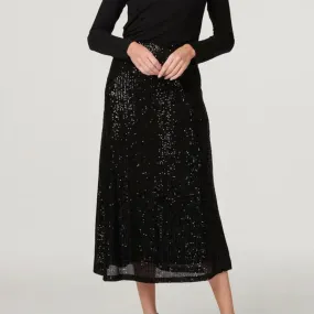 Black Sequin Midi Skirt