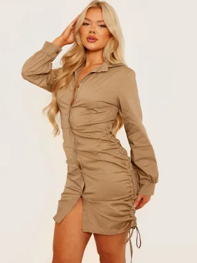 Bobbi Side Ruched Buttoned Shirt Dress In Stone