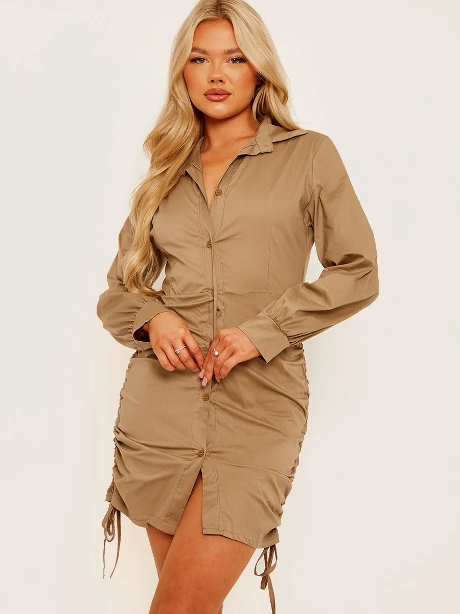 Bobbi Side Ruched Buttoned Shirt Dress In Stone