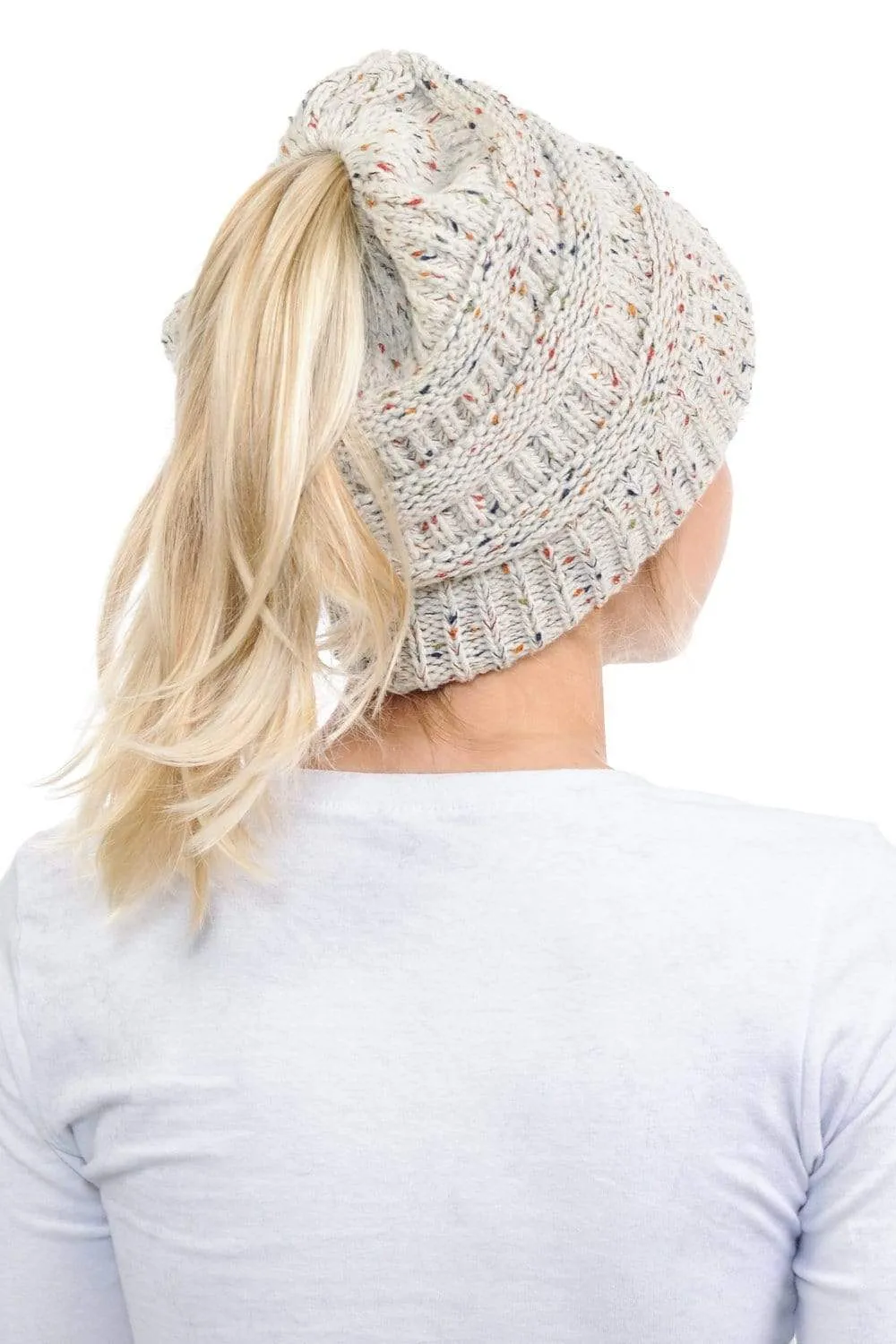 C.C MB33 - Soft Stretch Cable Knit Warm Hat High Bun Ponytail Confetti Beanie