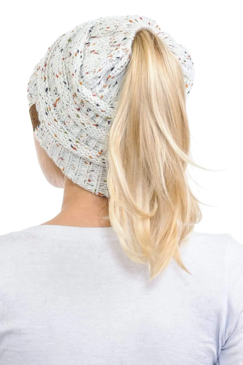 C.C MB33 - Soft Stretch Cable Knit Warm Hat High Bun Ponytail Confetti Beanie