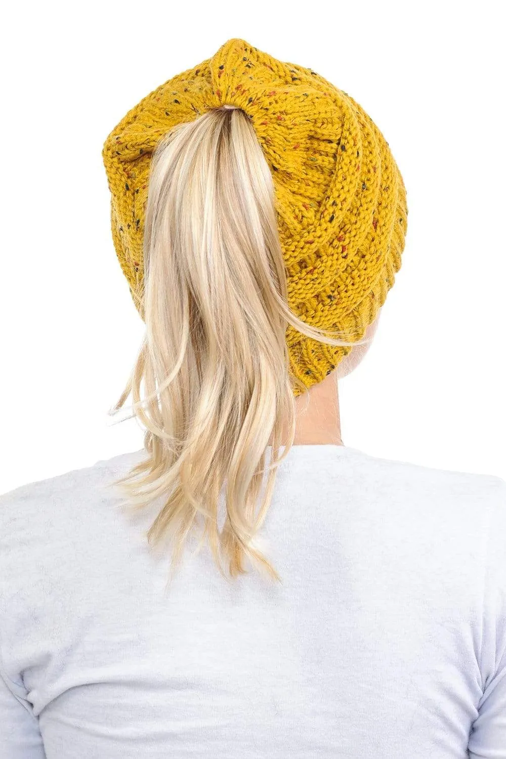 C.C MB33 - Soft Stretch Cable Knit Warm Hat High Bun Ponytail Confetti Beanie