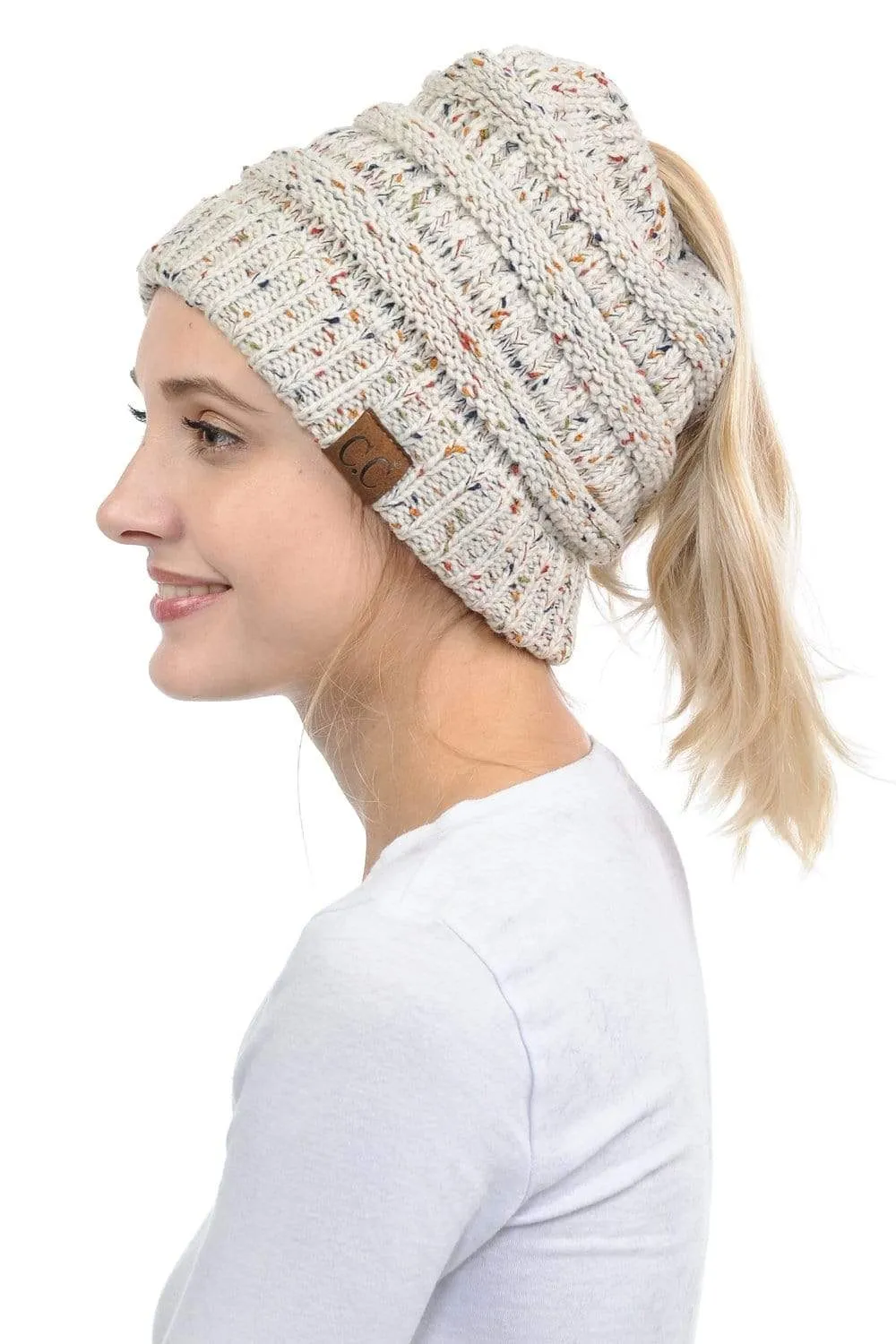 C.C MB33 - Soft Stretch Cable Knit Warm Hat High Bun Ponytail Confetti Beanie