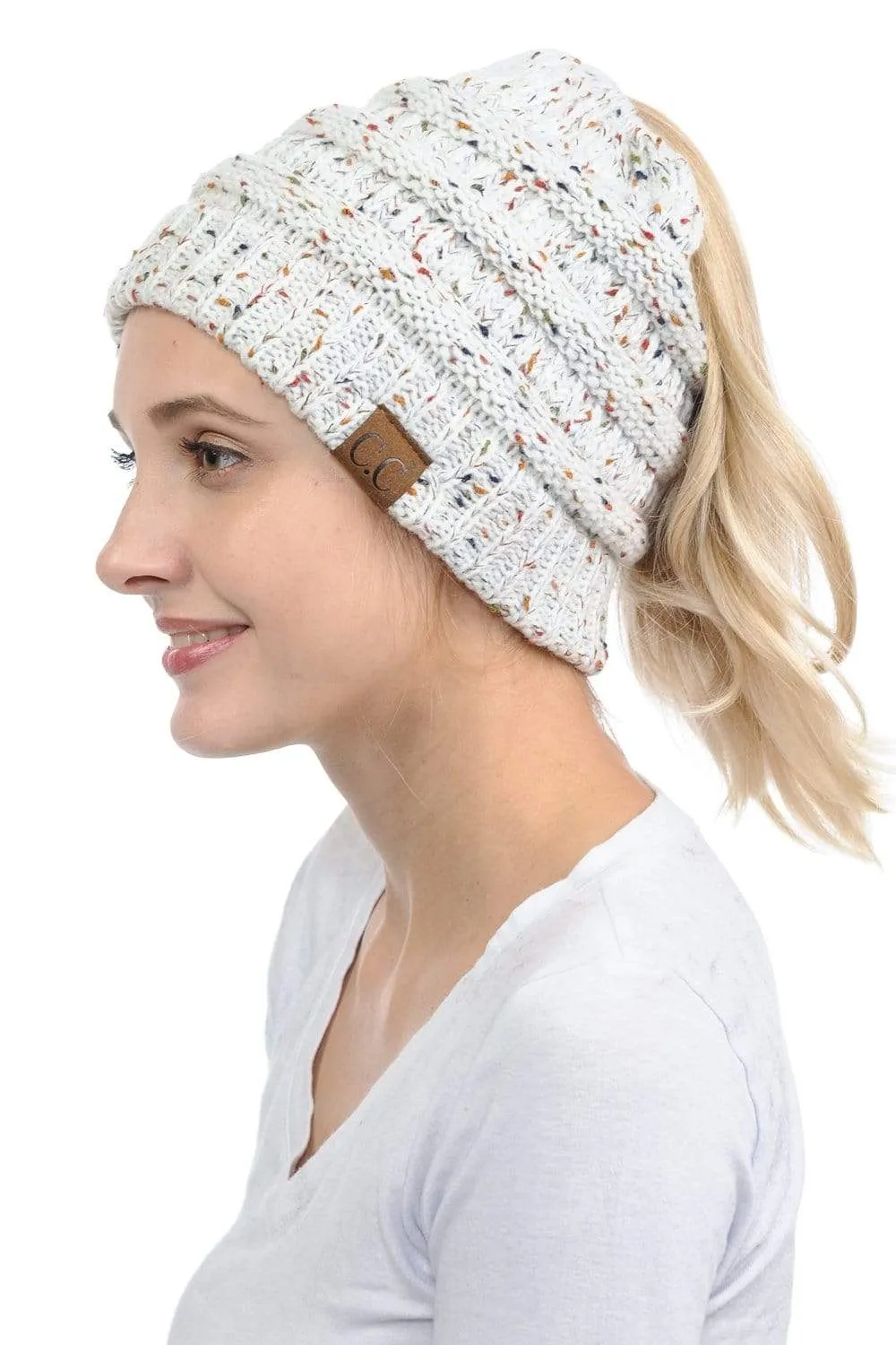 C.C MB33 - Soft Stretch Cable Knit Warm Hat High Bun Ponytail Confetti Beanie