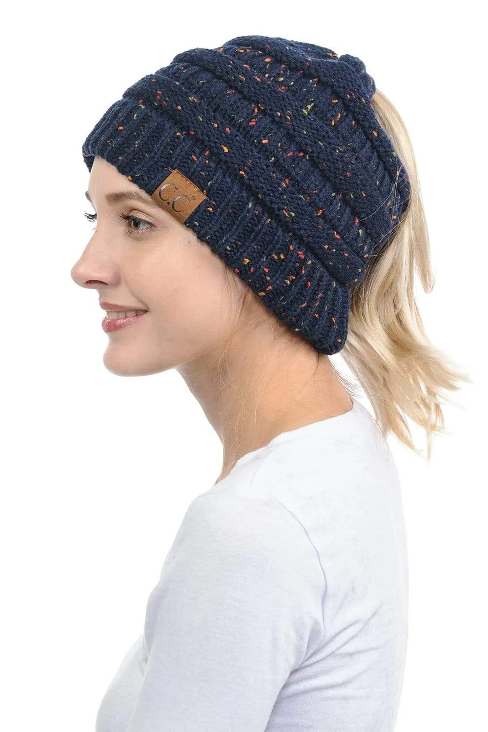 C.C MB33 - Soft Stretch Cable Knit Warm Hat High Bun Ponytail Confetti Beanie