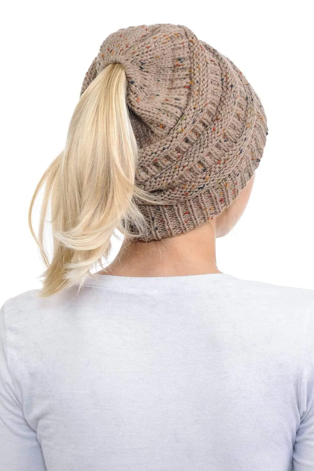 C.C MB33 - Soft Stretch Cable Knit Warm Hat High Bun Ponytail Confetti Beanie