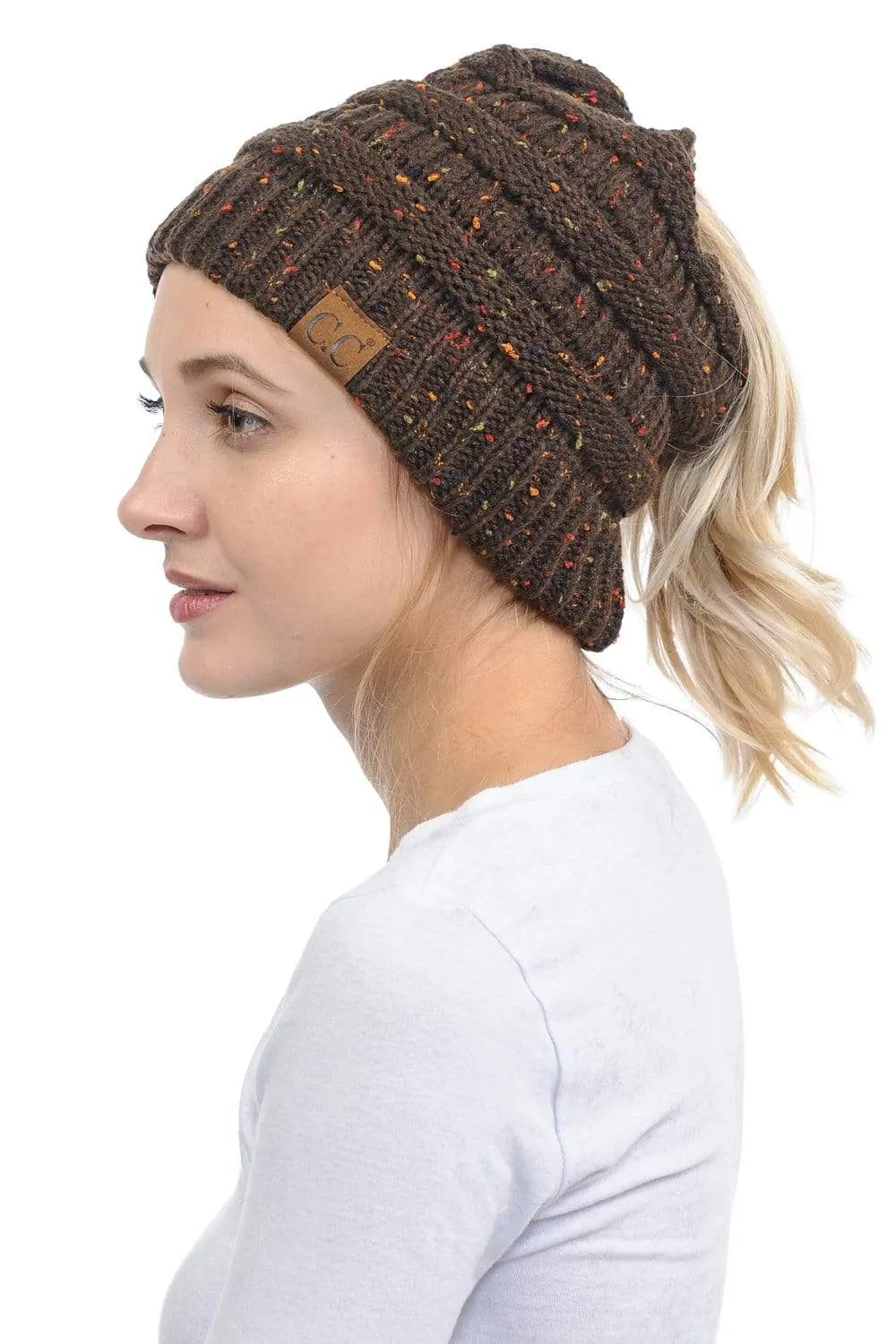 C.C MB33 - Soft Stretch Cable Knit Warm Hat High Bun Ponytail Confetti Beanie