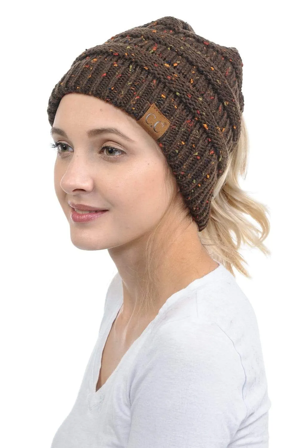 C.C MB33 - Soft Stretch Cable Knit Warm Hat High Bun Ponytail Confetti Beanie