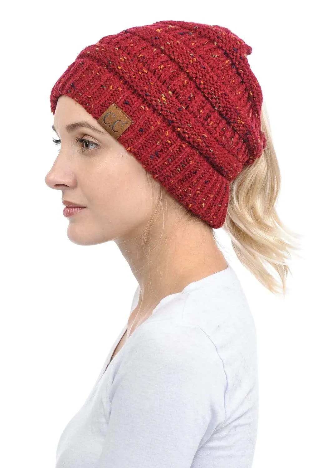 C.C MB33 - Soft Stretch Cable Knit Warm Hat High Bun Ponytail Confetti Beanie
