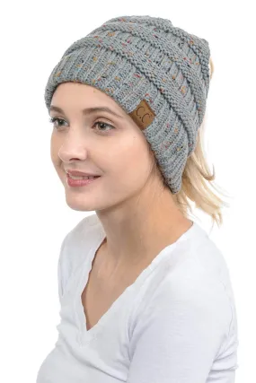 C.C MB33 - Soft Stretch Cable Knit Warm Hat High Bun Ponytail Confetti Beanie