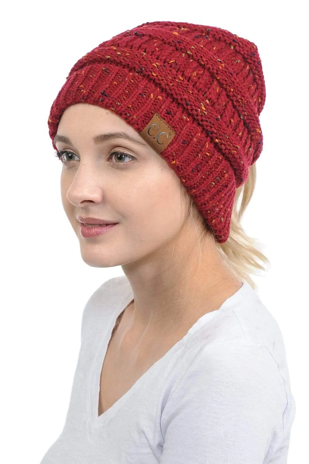 C.C MB33 - Soft Stretch Cable Knit Warm Hat High Bun Ponytail Confetti Beanie