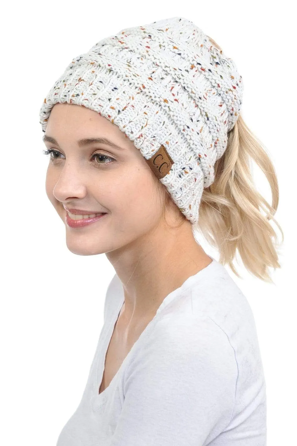 C.C MB33 - Soft Stretch Cable Knit Warm Hat High Bun Ponytail Confetti Beanie