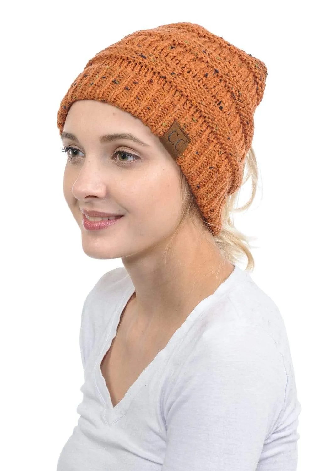 C.C MB33 - Soft Stretch Cable Knit Warm Hat High Bun Ponytail Confetti Beanie