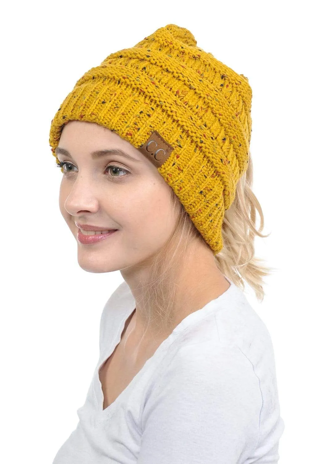 C.C MB33 - Soft Stretch Cable Knit Warm Hat High Bun Ponytail Confetti Beanie