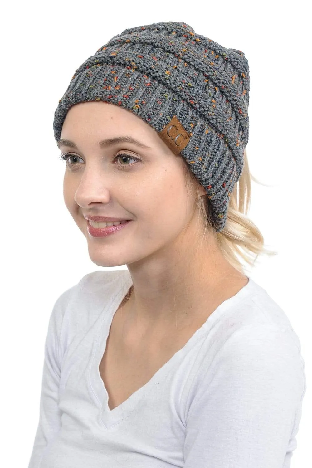 C.C MB33 - Soft Stretch Cable Knit Warm Hat High Bun Ponytail Confetti Beanie
