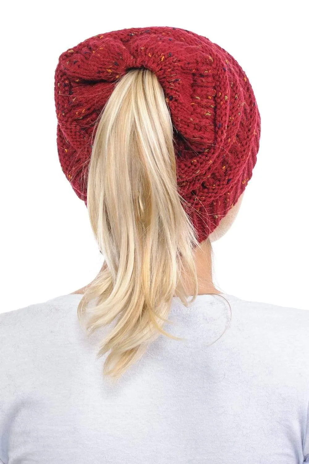 C.C MB33 - Soft Stretch Cable Knit Warm Hat High Bun Ponytail Confetti Beanie