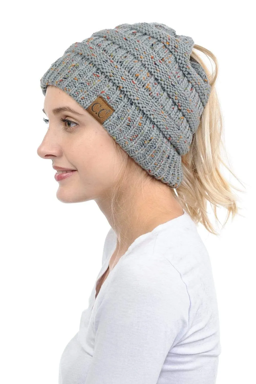 C.C MB33 - Soft Stretch Cable Knit Warm Hat High Bun Ponytail Confetti Beanie