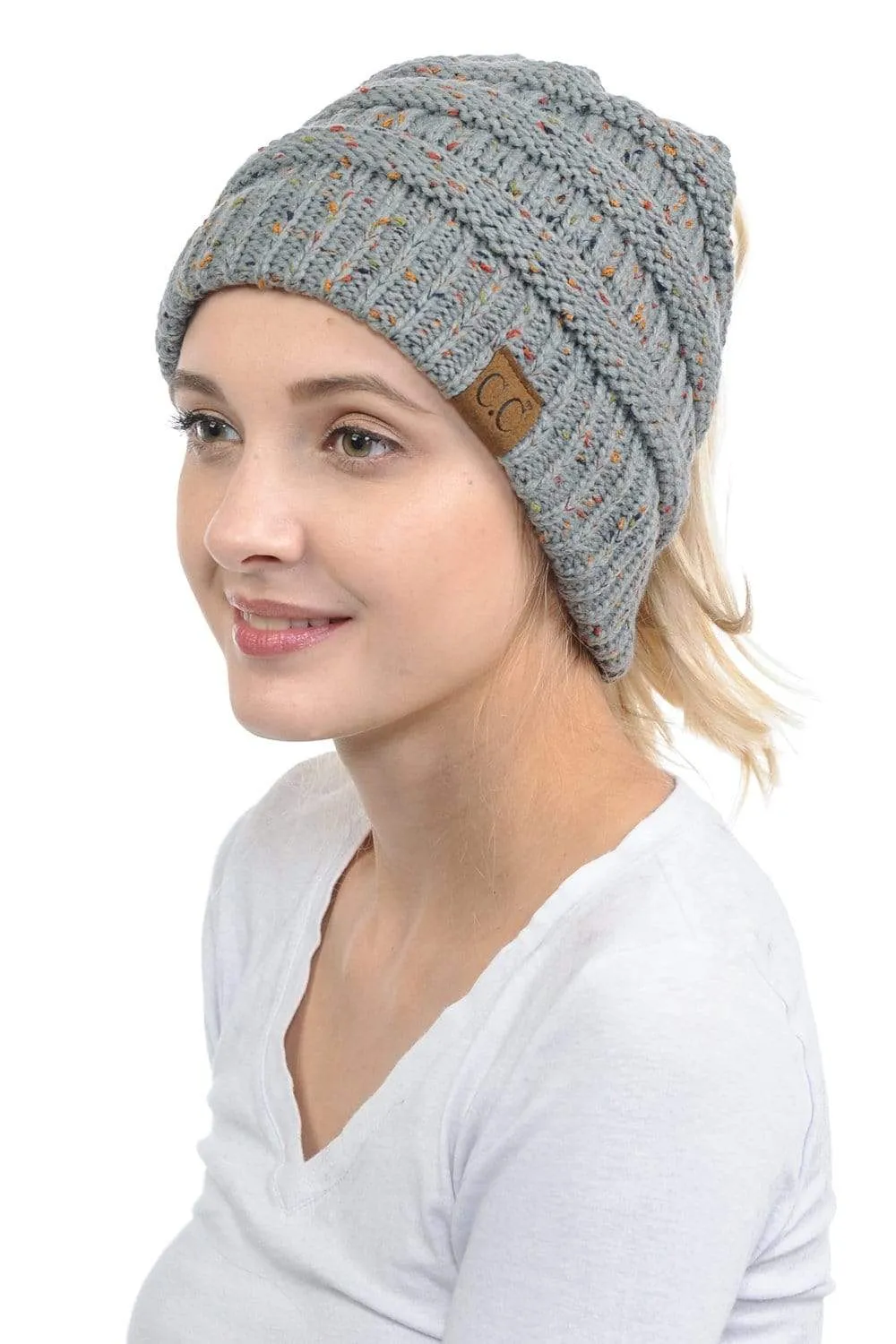 C.C MB33 - Soft Stretch Cable Knit Warm Hat High Bun Ponytail Confetti Beanie