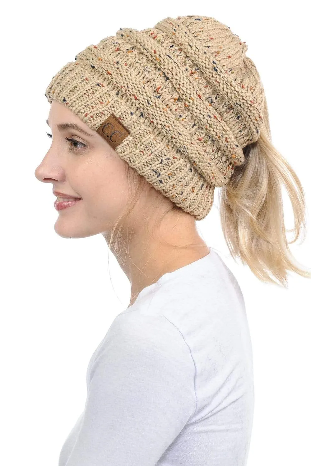 C.C MB33 - Soft Stretch Cable Knit Warm Hat High Bun Ponytail Confetti Beanie