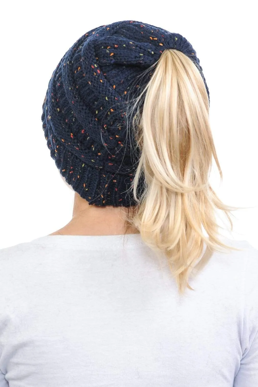 C.C MB33 - Soft Stretch Cable Knit Warm Hat High Bun Ponytail Confetti Beanie