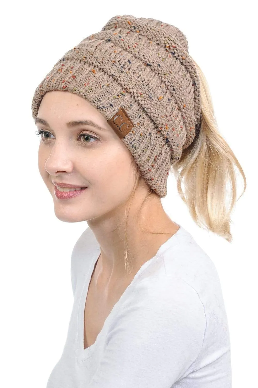 C.C MB33 - Soft Stretch Cable Knit Warm Hat High Bun Ponytail Confetti Beanie