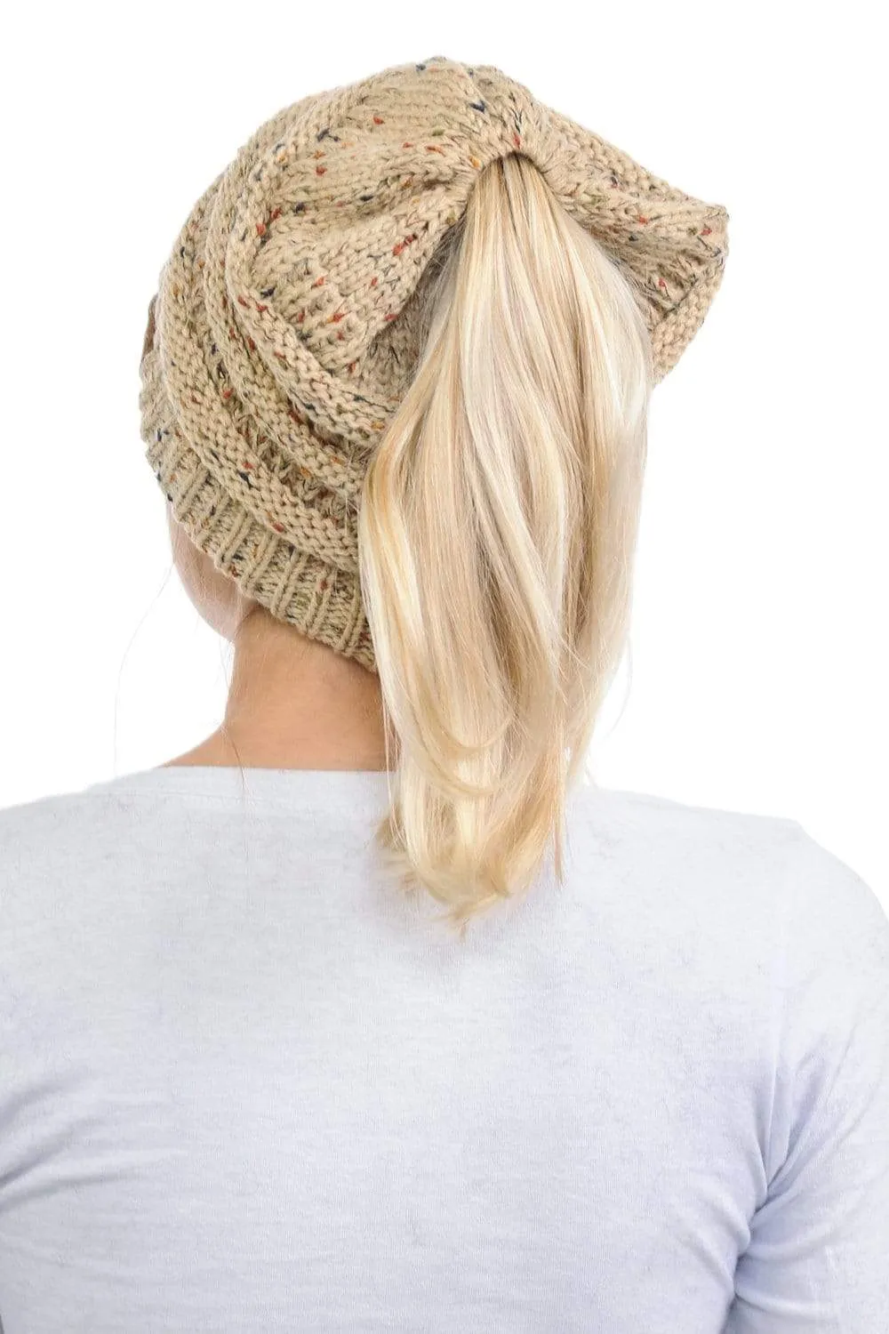 C.C MB33 - Soft Stretch Cable Knit Warm Hat High Bun Ponytail Confetti Beanie