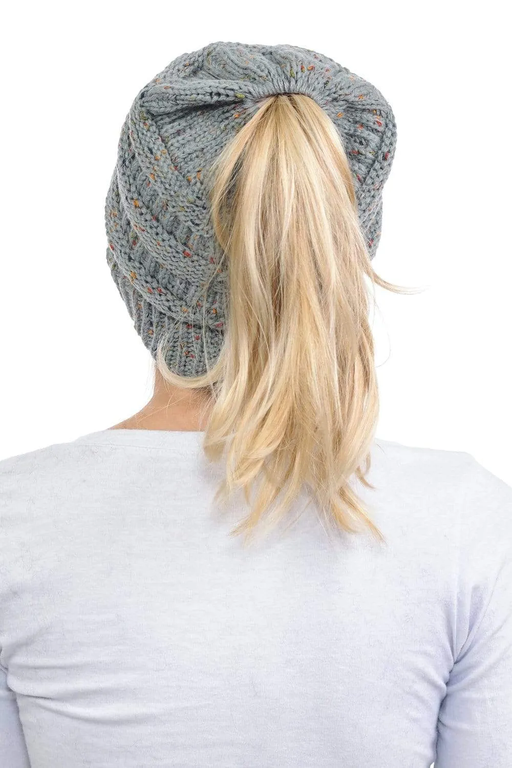 C.C MB33 - Soft Stretch Cable Knit Warm Hat High Bun Ponytail Confetti Beanie