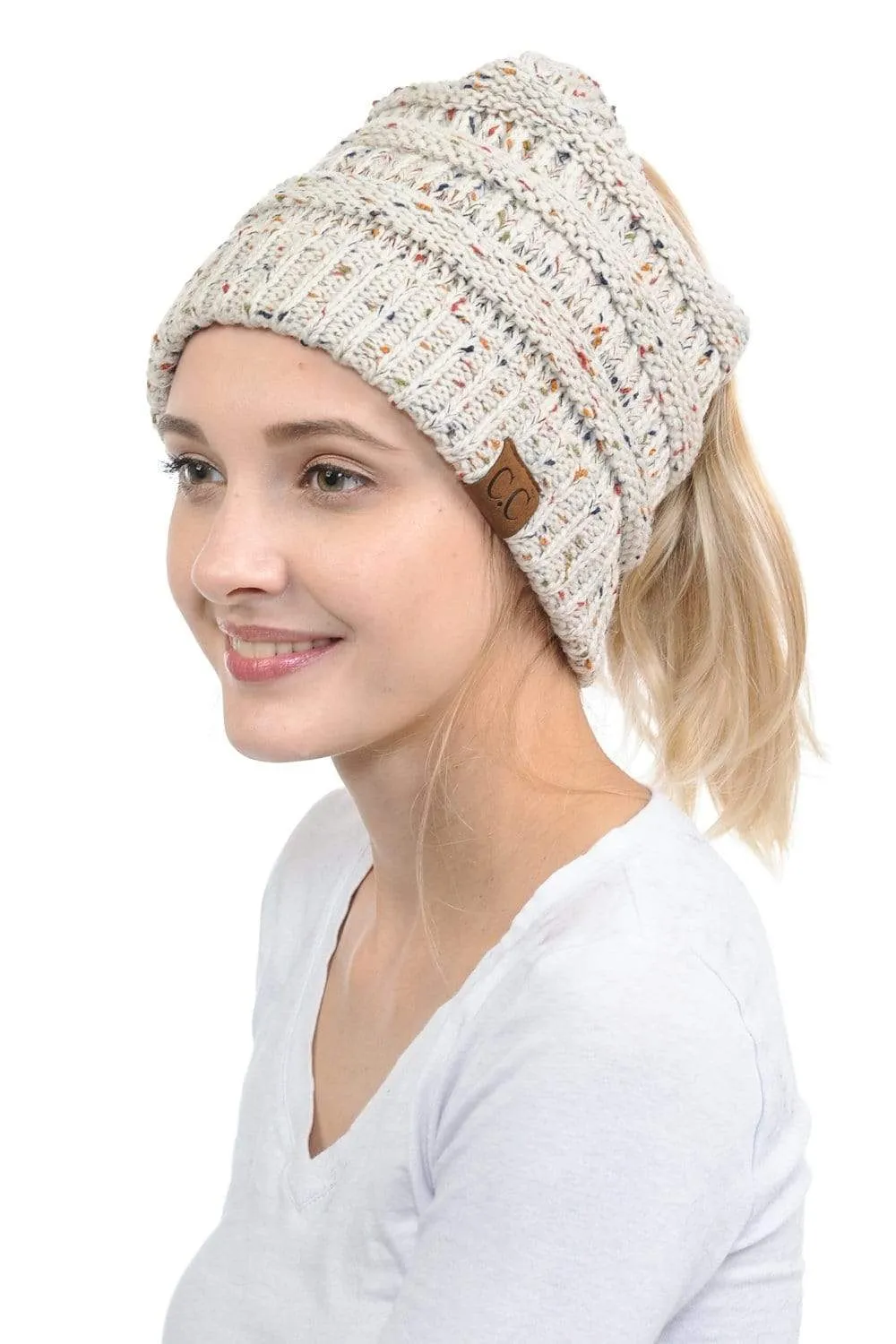 C.C MB33 - Soft Stretch Cable Knit Warm Hat High Bun Ponytail Confetti Beanie