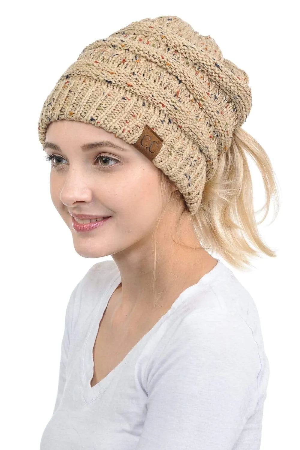C.C MB33 - Soft Stretch Cable Knit Warm Hat High Bun Ponytail Confetti Beanie