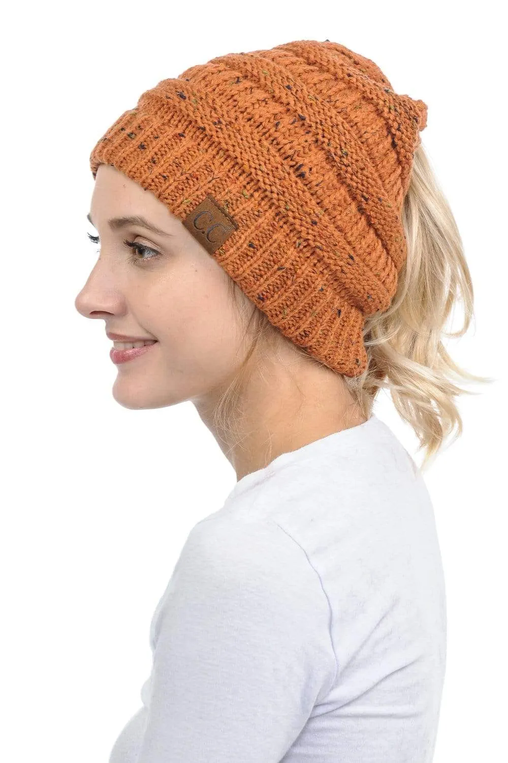 C.C MB33 - Soft Stretch Cable Knit Warm Hat High Bun Ponytail Confetti Beanie