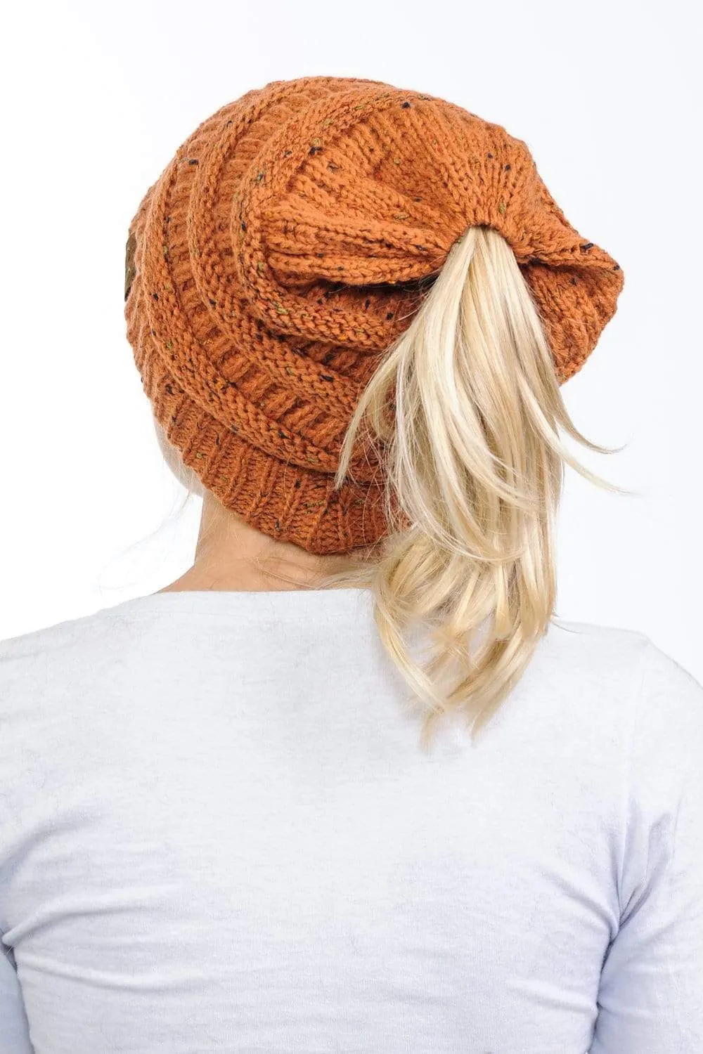 C.C MB33 - Soft Stretch Cable Knit Warm Hat High Bun Ponytail Confetti Beanie