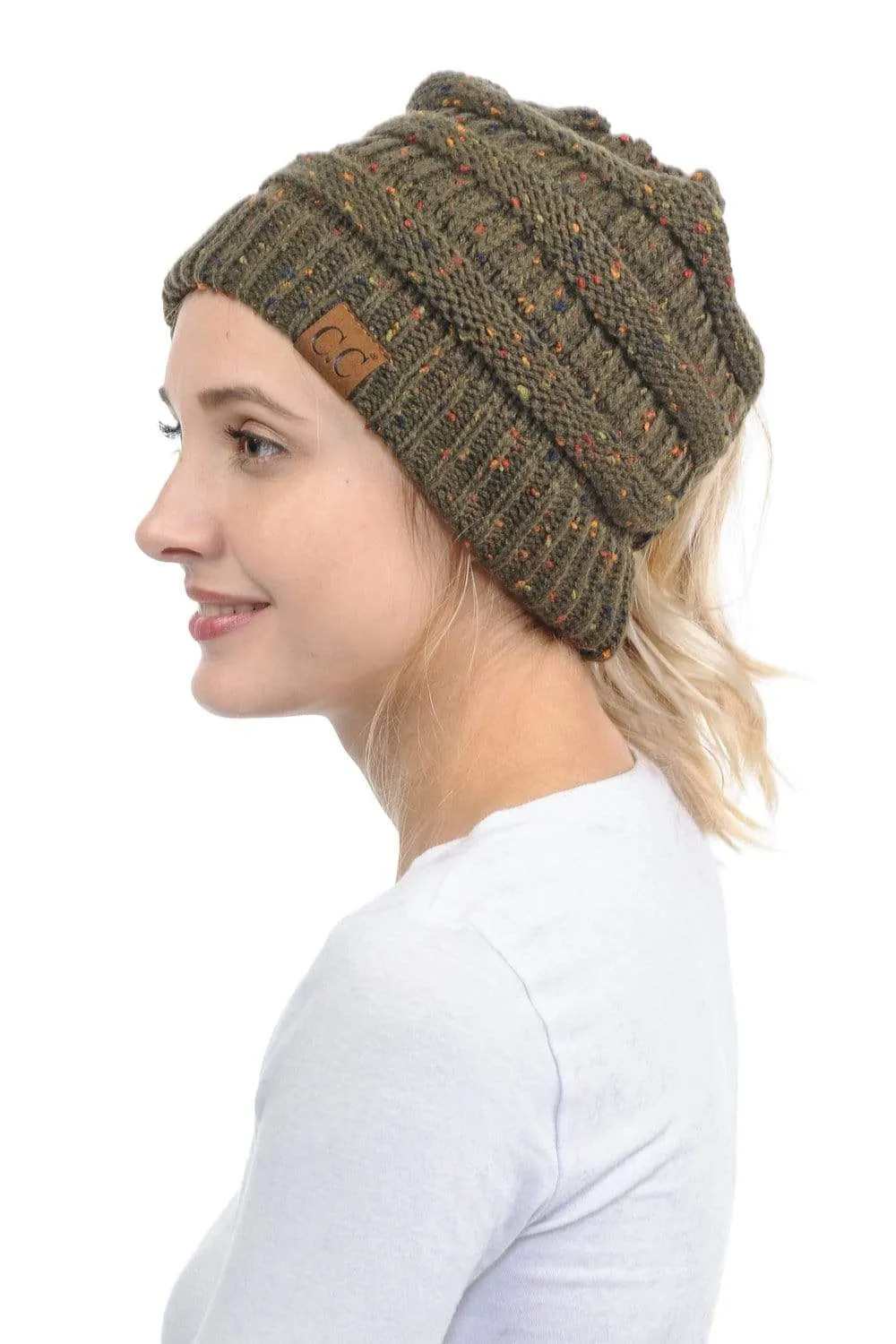 C.C MB33 - Soft Stretch Cable Knit Warm Hat High Bun Ponytail Confetti Beanie