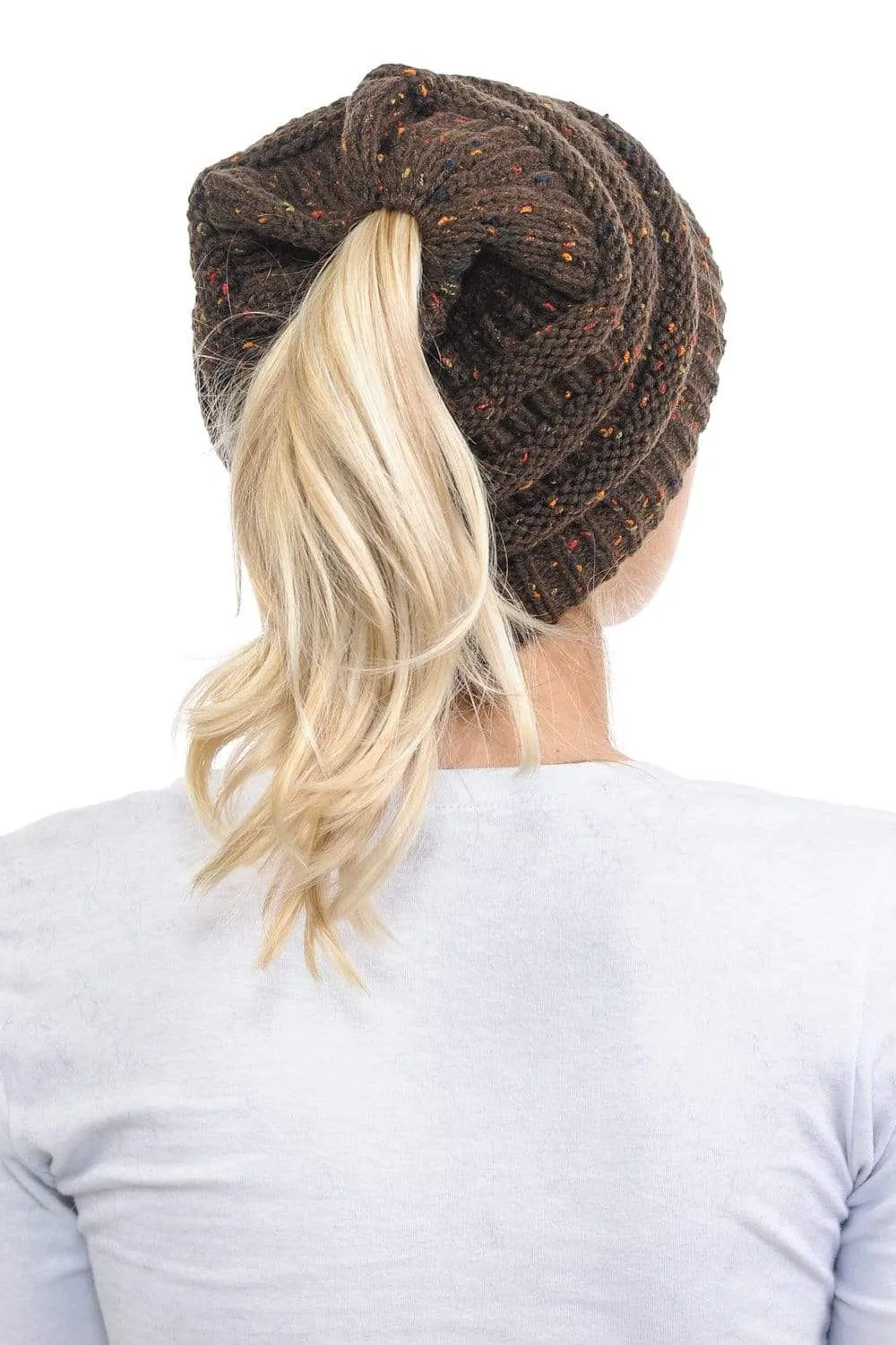 C.C MB33 - Soft Stretch Cable Knit Warm Hat High Bun Ponytail Confetti Beanie